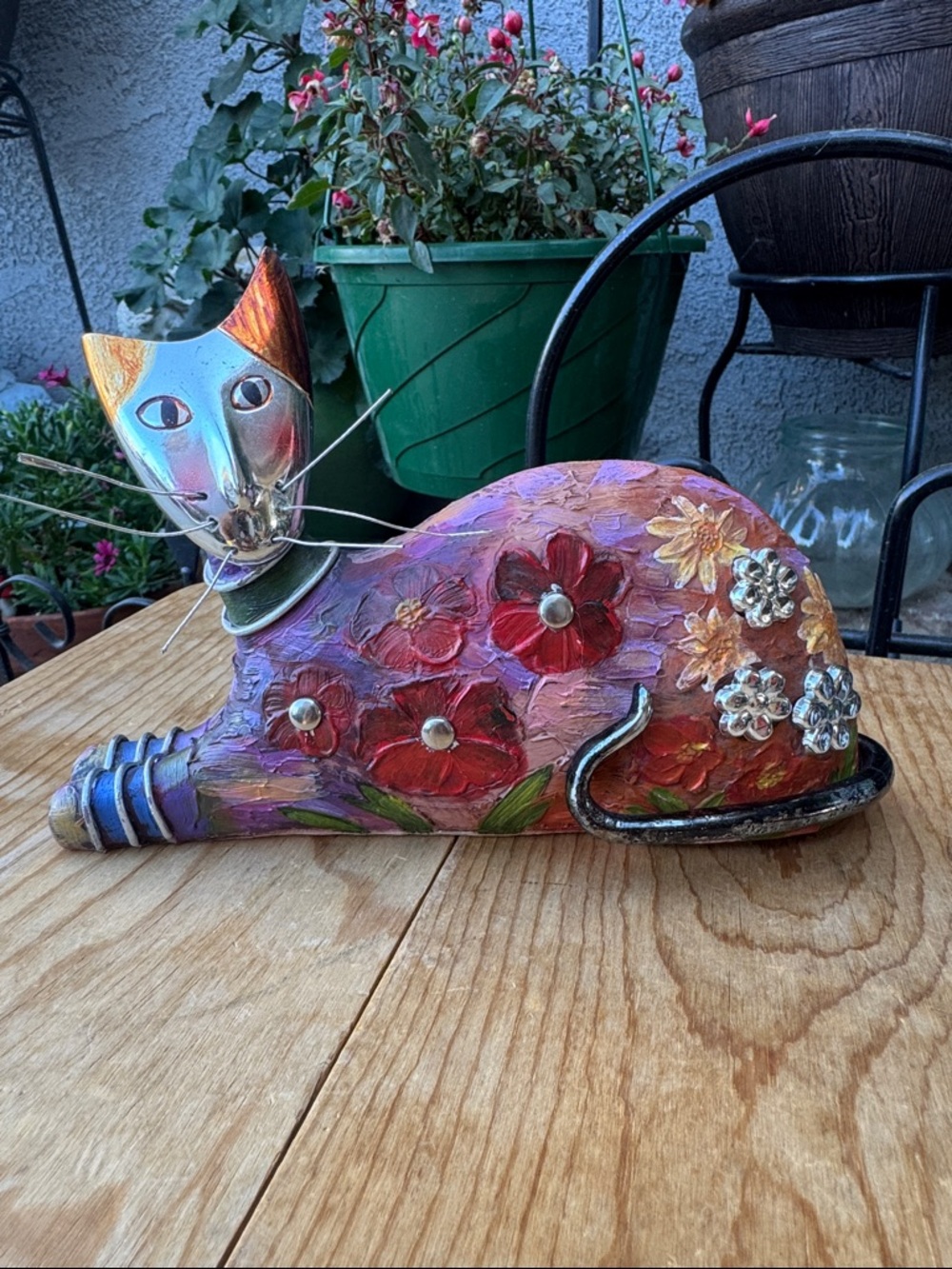 Handcrafted Floral Cat Figurine - Multicolor